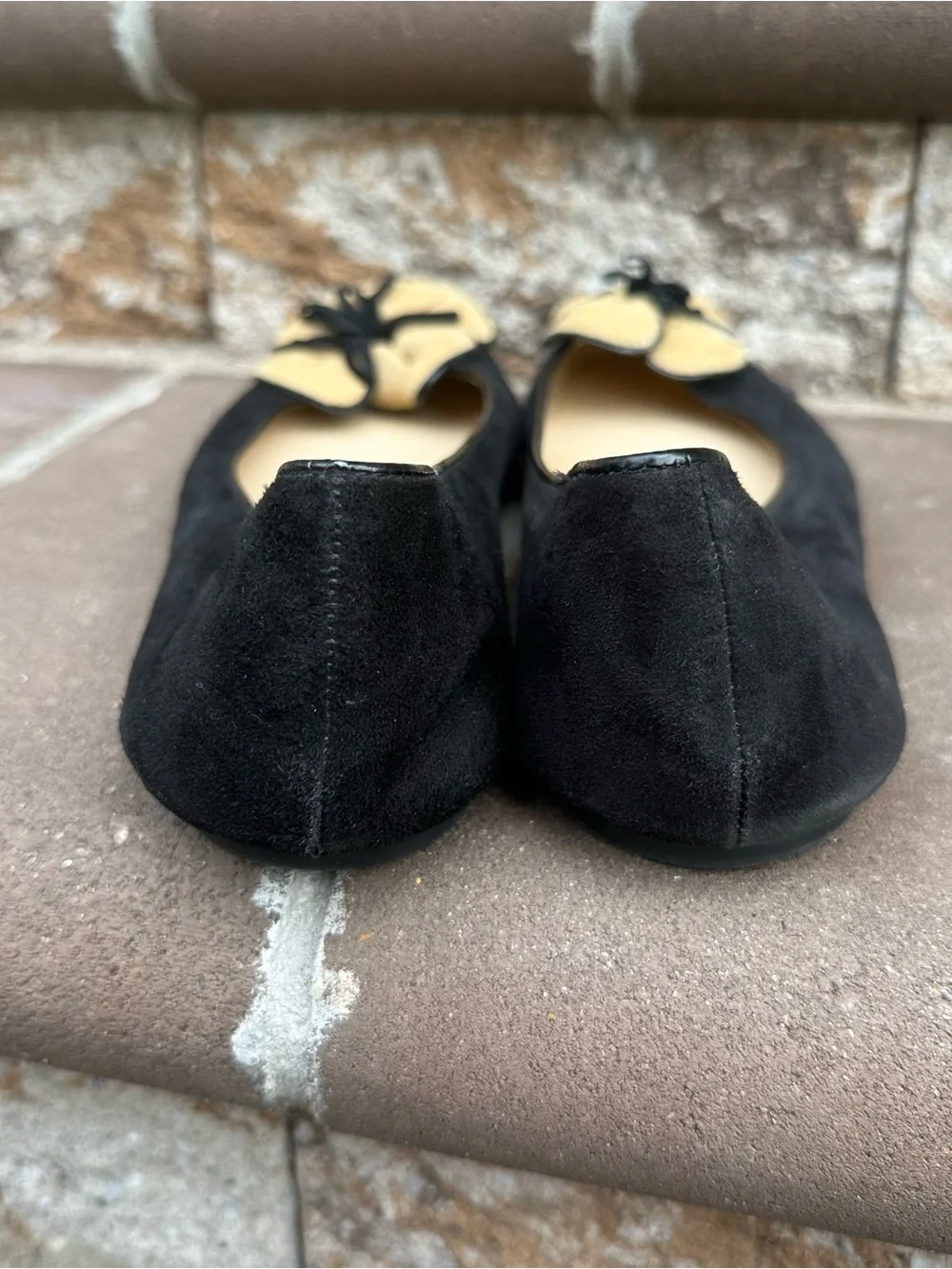 Kate Spade Black Suede Tan Floral Appliqué Slip On Ballet Flats Size 9.5